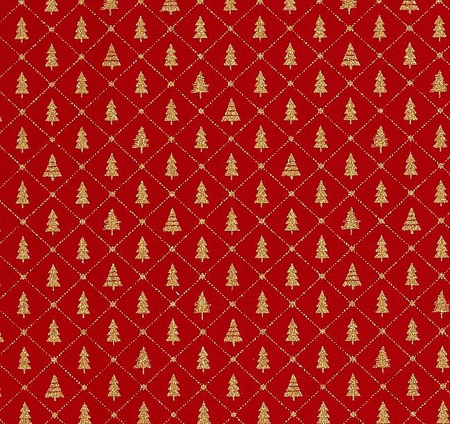 Vianočná látka z bavlny v červenej farbe s potlačou zlatých stromčekov 20714/015