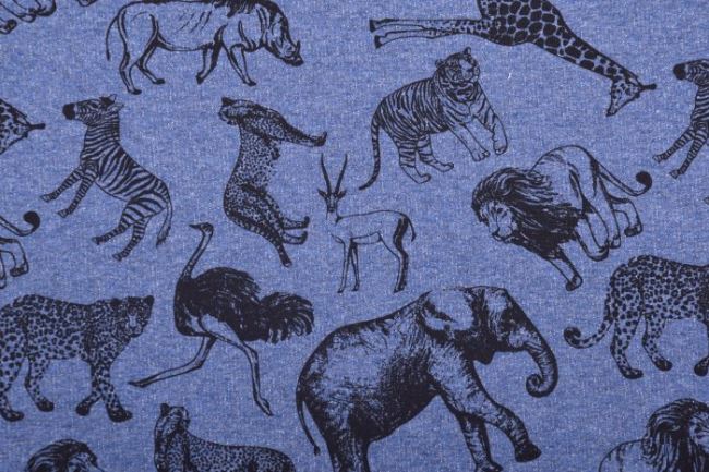 Teplákovina French Terry v tmavo modrom melíri s potlačou safari zvierat 11348/006