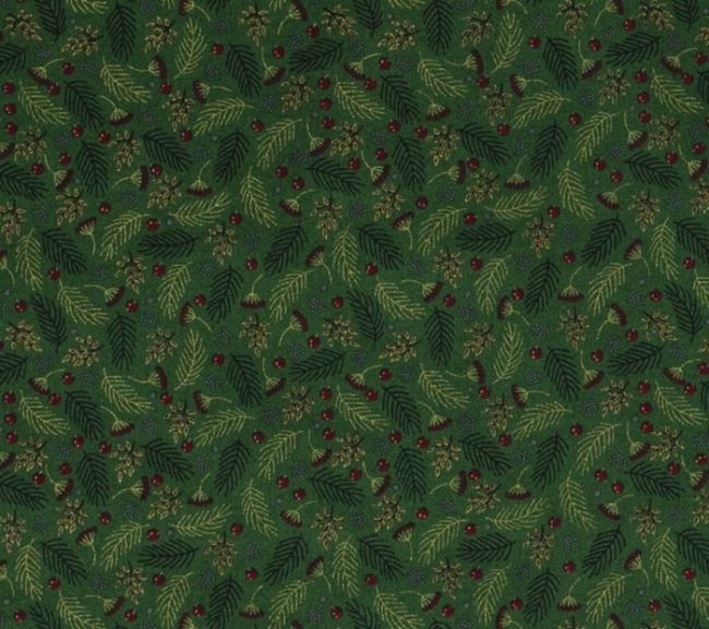 Vianočná látka z bavlny v zelenej farbe s potlačou vetvičiek 14708/025