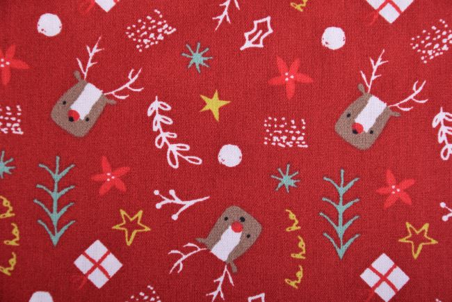 Vianočná látka z bavlny v červenej farbe s potlačou darčekov K15035-016D