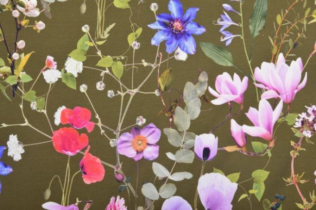 Bavlnený úplet s digitálnym v khaki farbe s potlačou lúčnych kvetov 16341/215