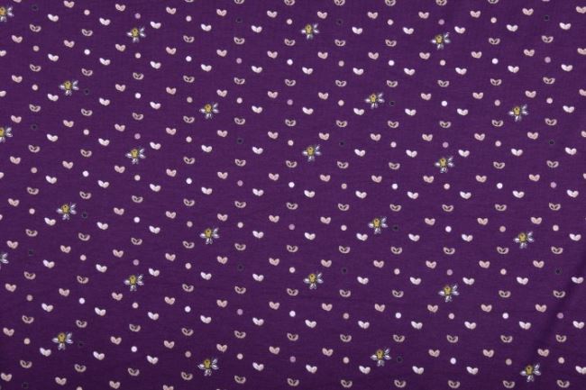 Viskozový úplet vo fialovej farbe s potlačou bodiek a kvetín 10322/045