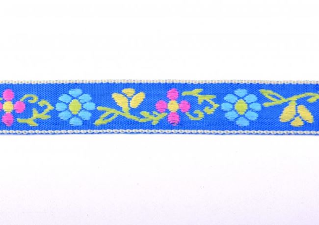 Ozdobná tkaná stuha v modrej farbe s kvetmi 30118