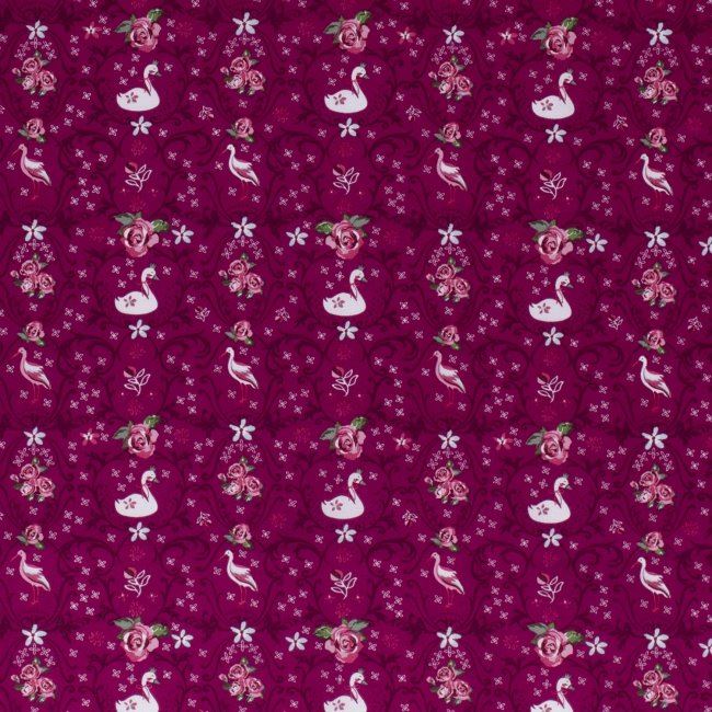 Bavlnená látka v tmavo ružovej farbe s potlačou kvetín a labutí 13084/019