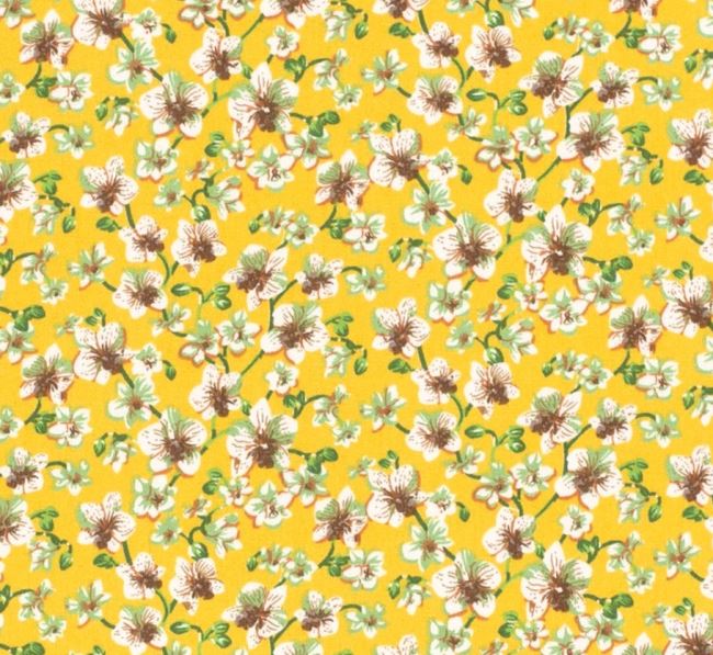 Viskózová látka v žltej farbe s potlačou kvetín 19051/034