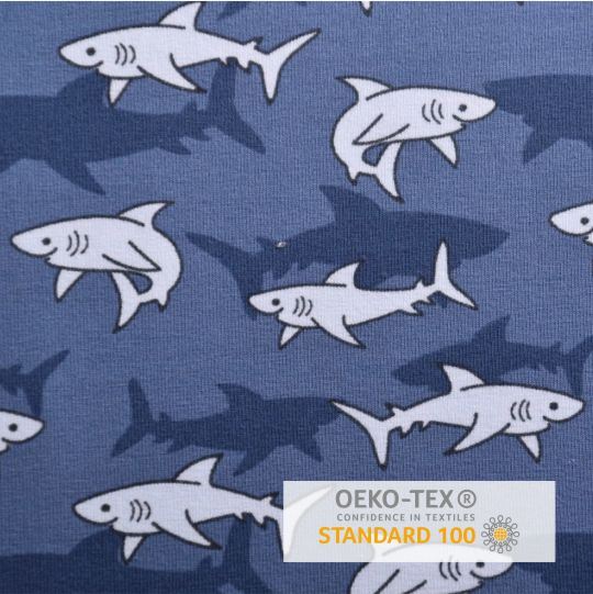 Bavlnený úplet v šedomodrej farbe s potlačou žralokov 17693/008