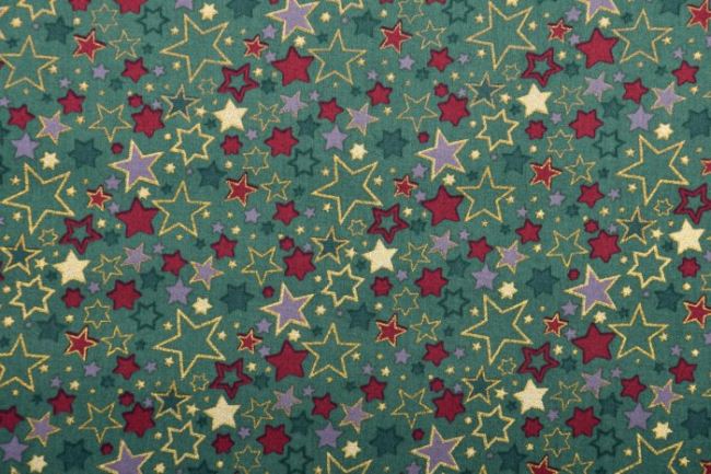Vianočná látka z bavlny v tmavo zelenej farbe s potlačou farebných hviezdičiek 12714/025