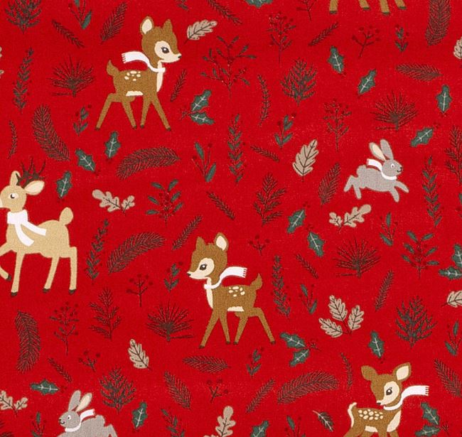 Vianočná látka z bavlny v červenej farbe s potlačou zvieratiek a vetvičiek 20735/015