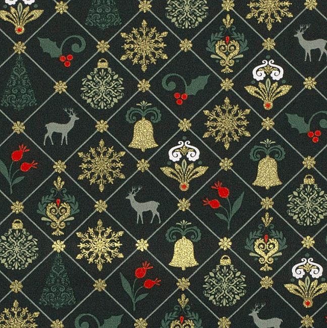 Vianočná látka z bavlny v zelenej farbe s ozdobnou tematickou potlačou 20745/028