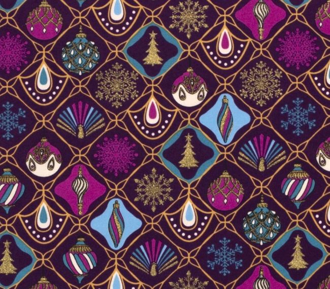 Vianočná bavlnená látka vo fialovej farbe s ozdobnou potlačou v zlatej farbe 18709/044