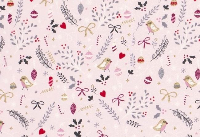 Vianočná látka z bavlny v ružovej farbe s folkórnou potlačou 16714/011