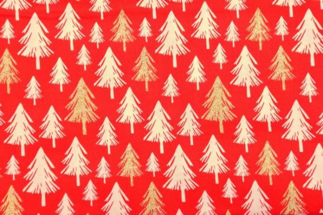 Vianočná červená bavlna s potlačou zlatých stromov 130.254/5019