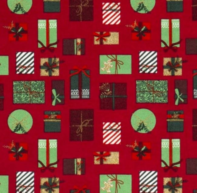 Vianočná látka z bavlny v červenej farbe s potlačou darčekov 16721/015