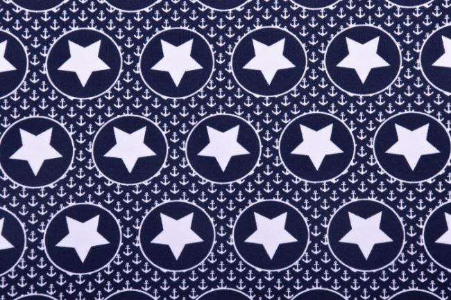 Bavlnený úplet v modrej farbe s potlačou hviezd a kotvičiek 80187