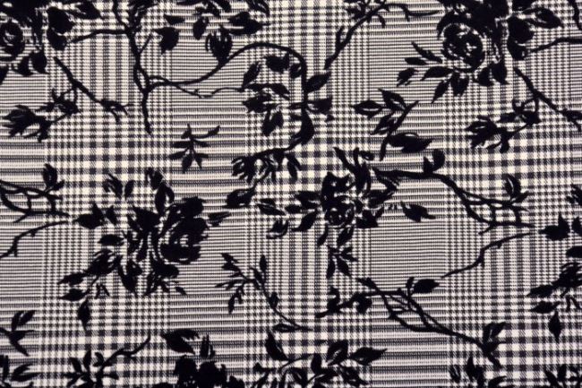 Kostýmová látka so vzorom kocky a semišové kvety 15328/999
