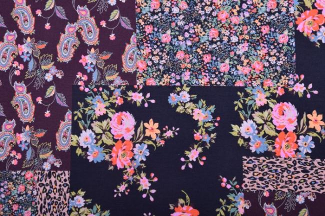 Viskózový úplet s kvetinovým patchwork vzorom 16351/999