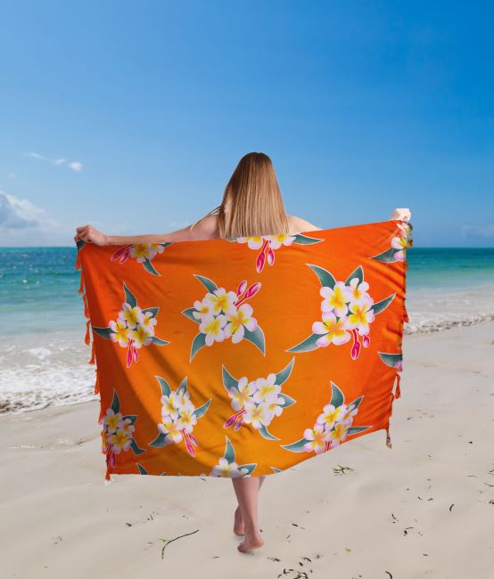 Pareo/sarong z Bali s kokosovou sponou v oranžovej farbe s potlačou kvetín BALI64