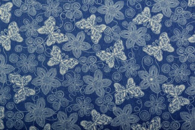 Džínsovina v modrej farbe s potlačou motýľov a kvetov 4014/003