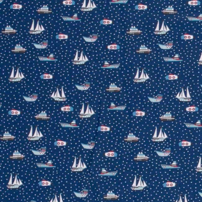 Bavlnený úplet v modrej farbe s potlačou lodí 19620/008