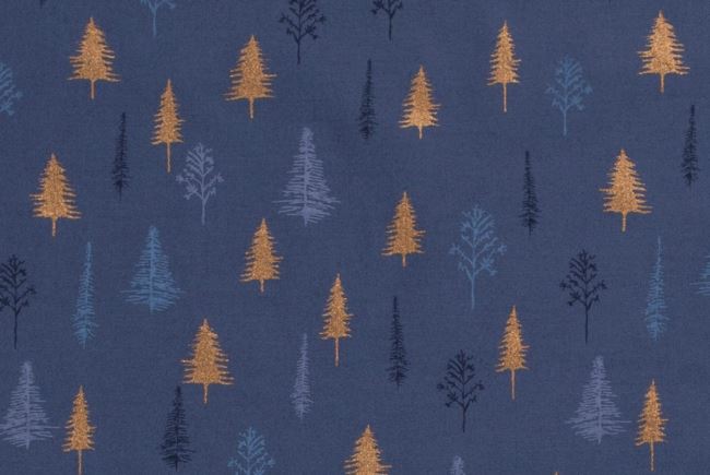 Vianočná bavlnená látka v modrej farbe s potlačou stromov 18724/006