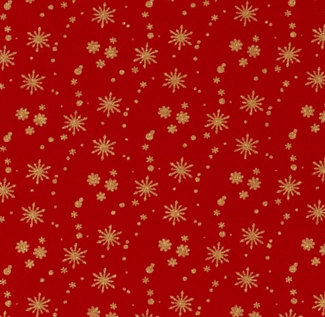 Vianočná látka z bavlny v červenej farbe s potlačou zlatých hviezdičiek 20711/015