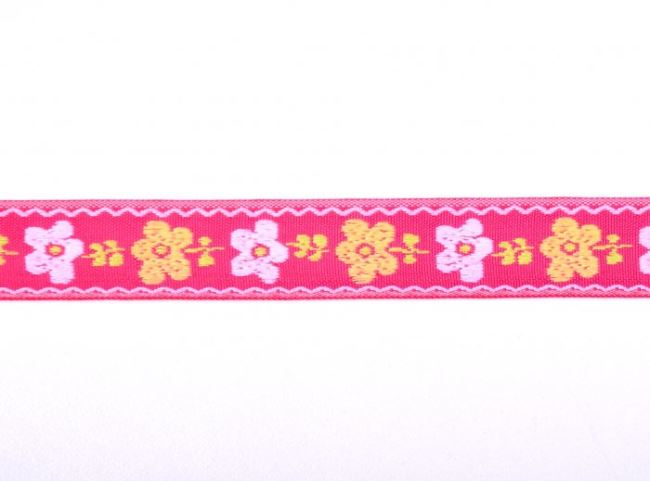 Ozdobná tkaná stuha v ružovej farbe s kvetmi 30137