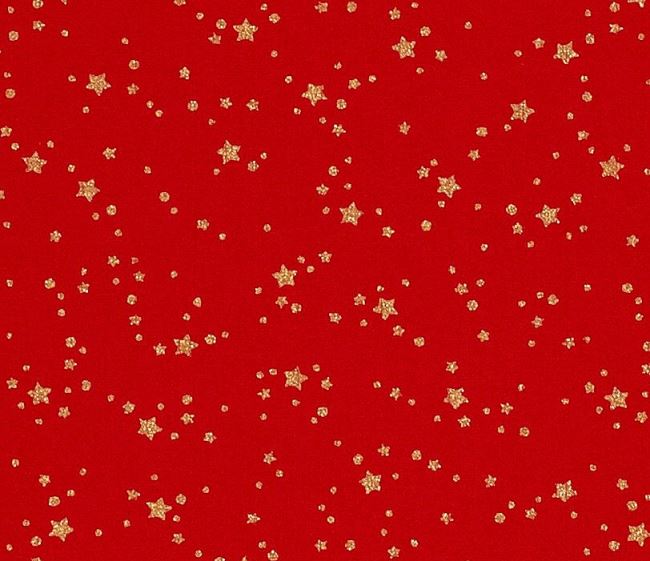 Vianočná látka z bavlny v červenej farbe s potlačou zlatých hviezdičiek a bodiek 20709/015