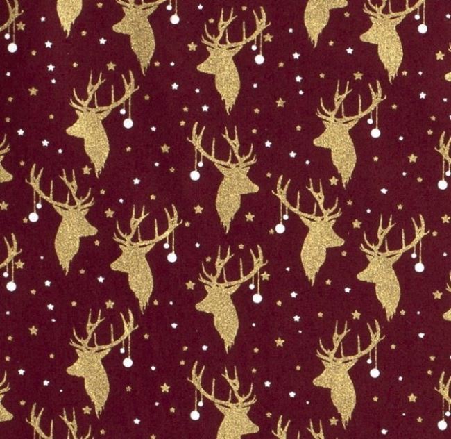 Vianočná látka z bavlny vo vínovej farbe so zlatou potlačou jeleňov 16705/018