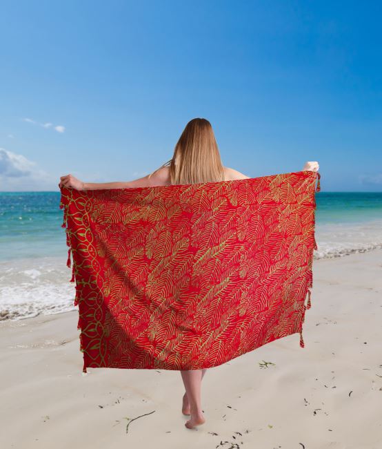 Pareo/sarong z Bali s kokosovou sponou s batikou v červenej farbe s potlačou listov BALI11