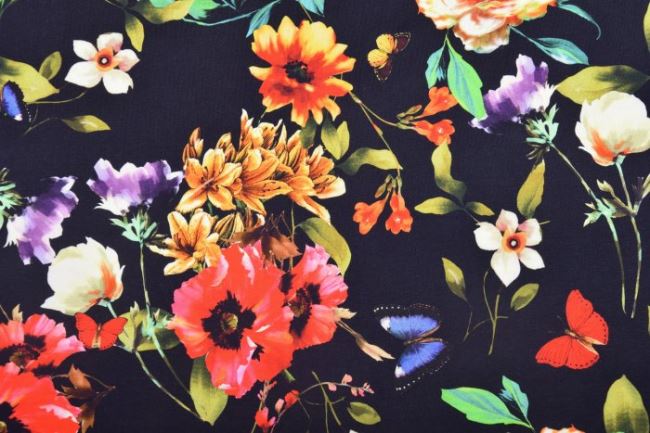 Bavlnený úplet v čiernej farbe s digitálnou potlačou kvetín 16340/999
