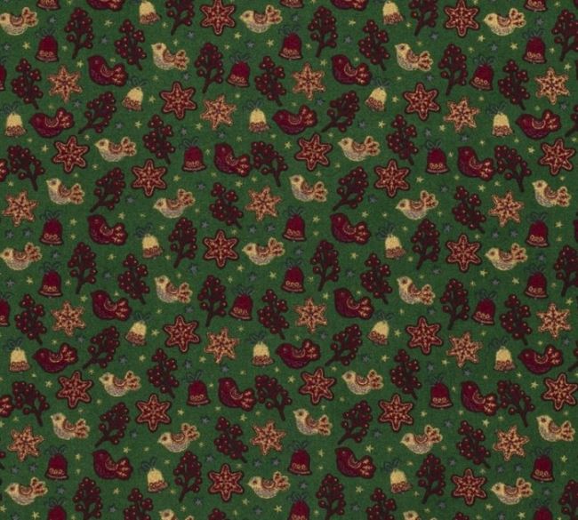 Vianočná látka z bavlny v zelenej farbe s potlačou perníčkov 14706/025