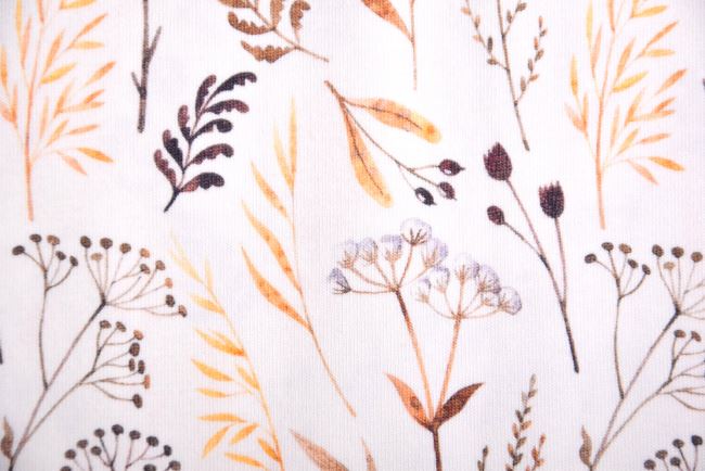 Bavlnený úplet v smotanovej farbe s digitálnou potlačou kvetín 185109