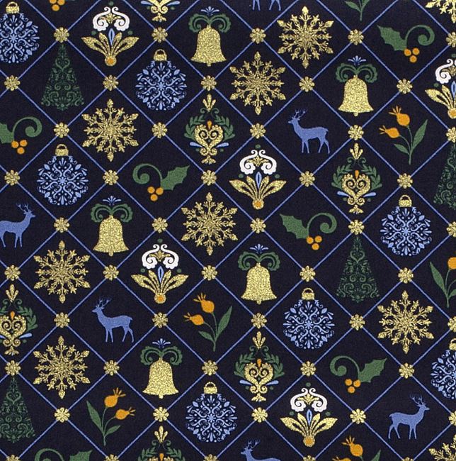 Vianočná látka z bavlny v modrej farbe s tematickou potlačou 20745/008