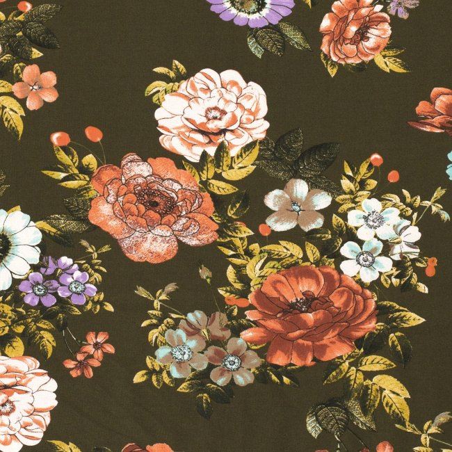 Bavlnený úplet v khaki farbe s digitálnou potlačou kvetín 15328/026