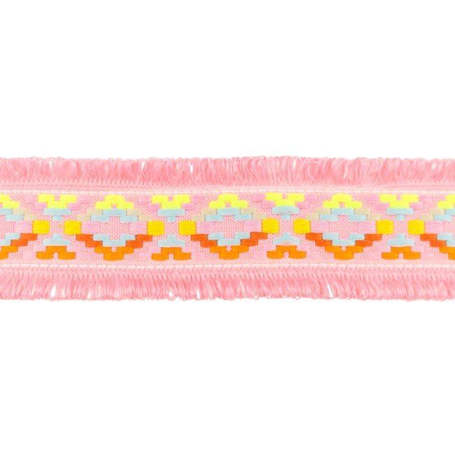 Popruh v svietivo ružovej farbe so strapcami a vyšitým vzorom 32481
