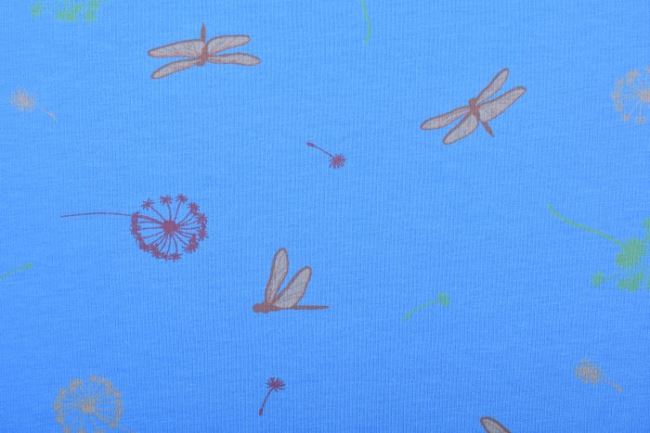 Bavlnený úplet s Oeko-Tex v modrej farbe s potlačou vážky a kvetín 131.923/3003