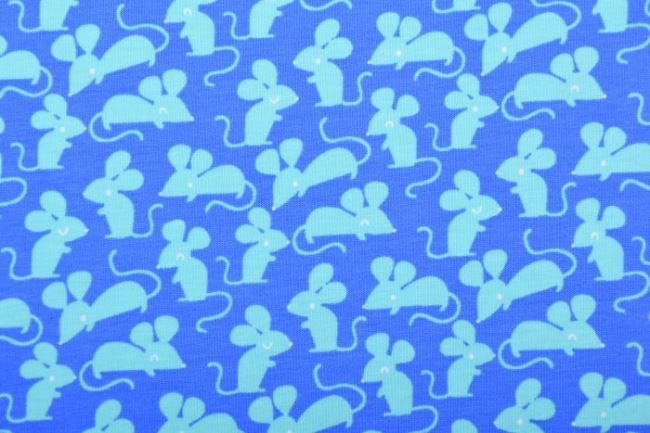 Bavlnený úplet s Oeko-Tex v modrej farbe s potlačou myšíček 131.652/3011