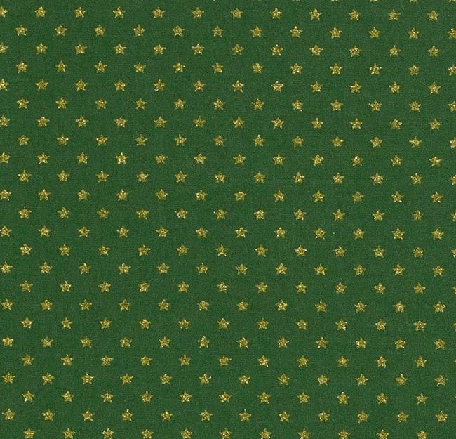 Vianočná látka z bavlny v zelenej farbe s potlačou zlatých hviezdičiek 20703/025