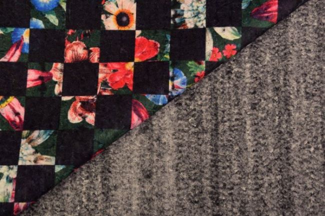 Kabátová látka v čiernej farbe so vzorom kvetín 9087/69