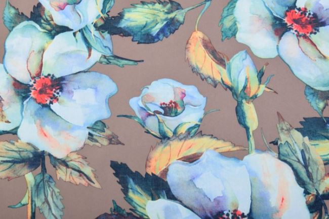 Blúzkovina v béžovej farbe s veľkou potlačou rozkvitnutých kvetín 10253/052