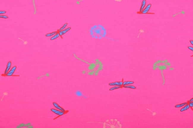 Bavlnený úplet s Oeko-Tex vo fuchsiovej farbe s potlačou vážok a kvetov 131.923/3007