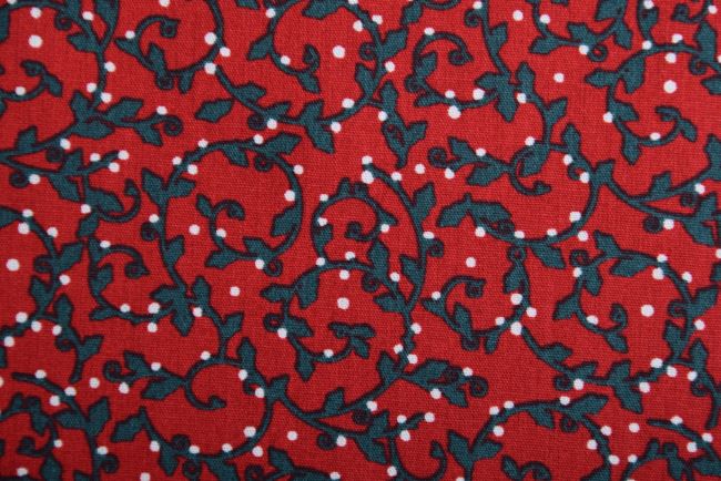 Vianočná látka z bavlny v červenej farbe s potlačou vetvičiek K15034-016D
