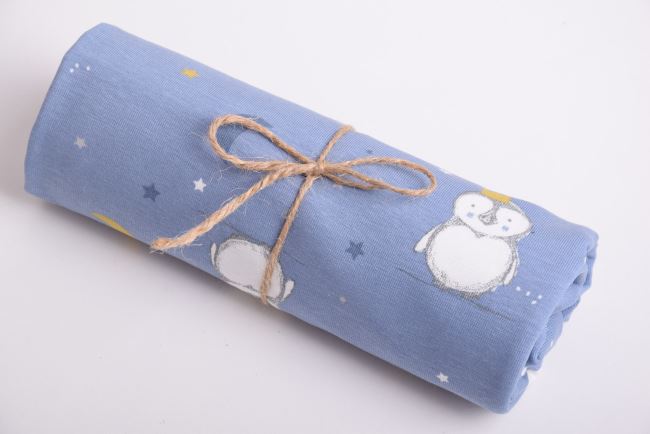 Rolička bavlneného úpletu v modrej farbe s potlačou tučniakov ROK10166-920D