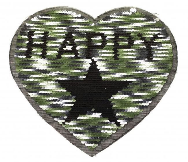 Aplikácia s meniacimi sa flitrami v tvare srdca v army štýle 31651