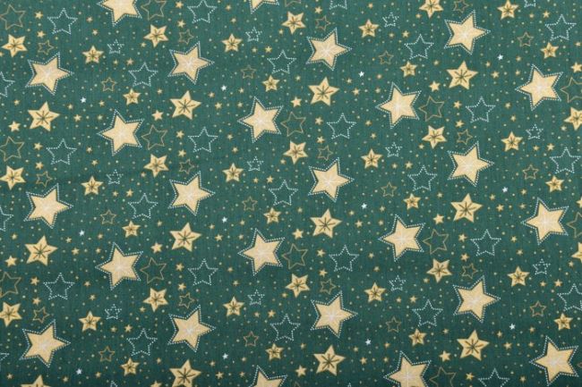 Vianočná látka z bavlny v tmavo zelenej farbe so zlatými hviezdičkami 12715/025