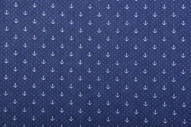 Košeľová džínsovina v tmavo modrej farbe s drobnou potlačou kotvičiek 10046/008