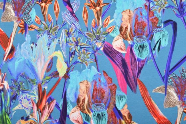 Bavlnený úplet s digitálnym v tyrkysovej farbe s potlačou veľkých kvetín 16349/630