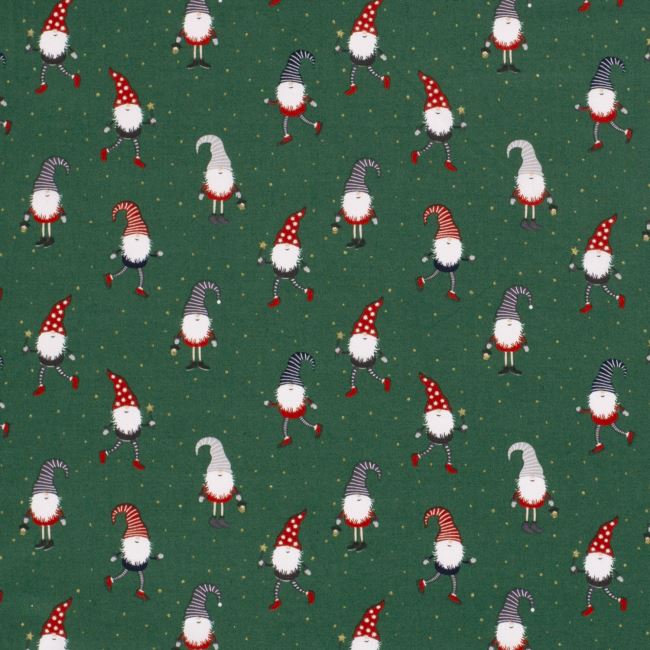 Vianočná látka z bavlny v zelenej farbe s potlačou škriatka 20732/025