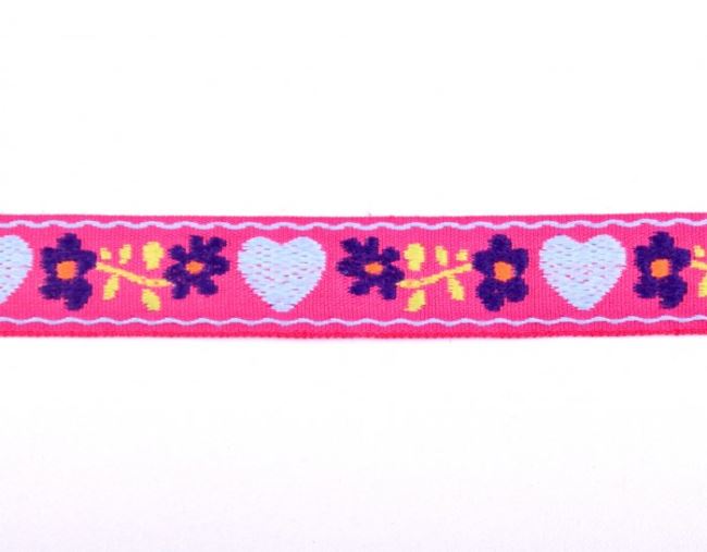 Ozdobná tkaná stuha v ružovej farbe s kvetmi a srdiečkami 30123
