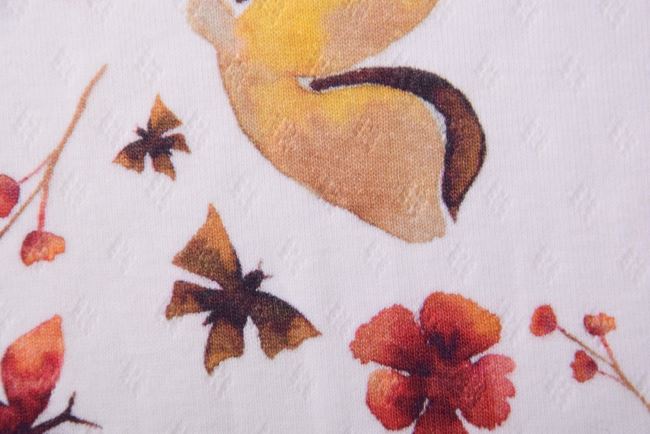 Bavlnený úplet v smotanovej farbe s digitálnou potlačou jesenných rastlín 184670